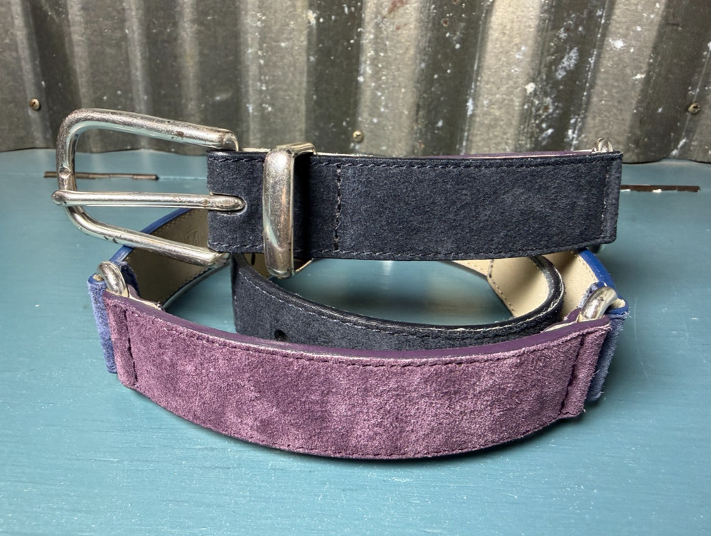 VTG Fossil Suede Leather Belt Purple Navy Blue Colorblock Silver Buckle Size M